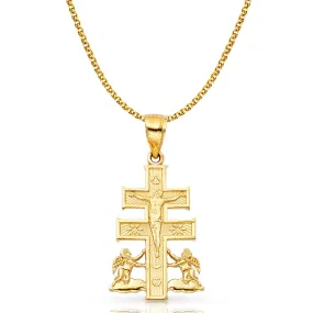 14K Gold Crucifix Cross of Caravaca Pendant with 1.5mm Flat Open Wheat Chain