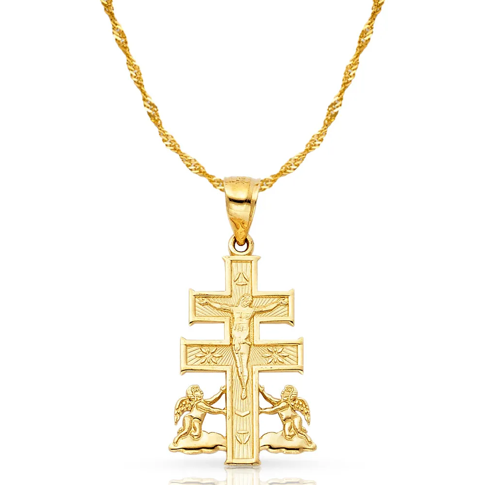 14K Gold Crucifix Cross of Caravaca Pendant with 1.2mm Singapore Chain