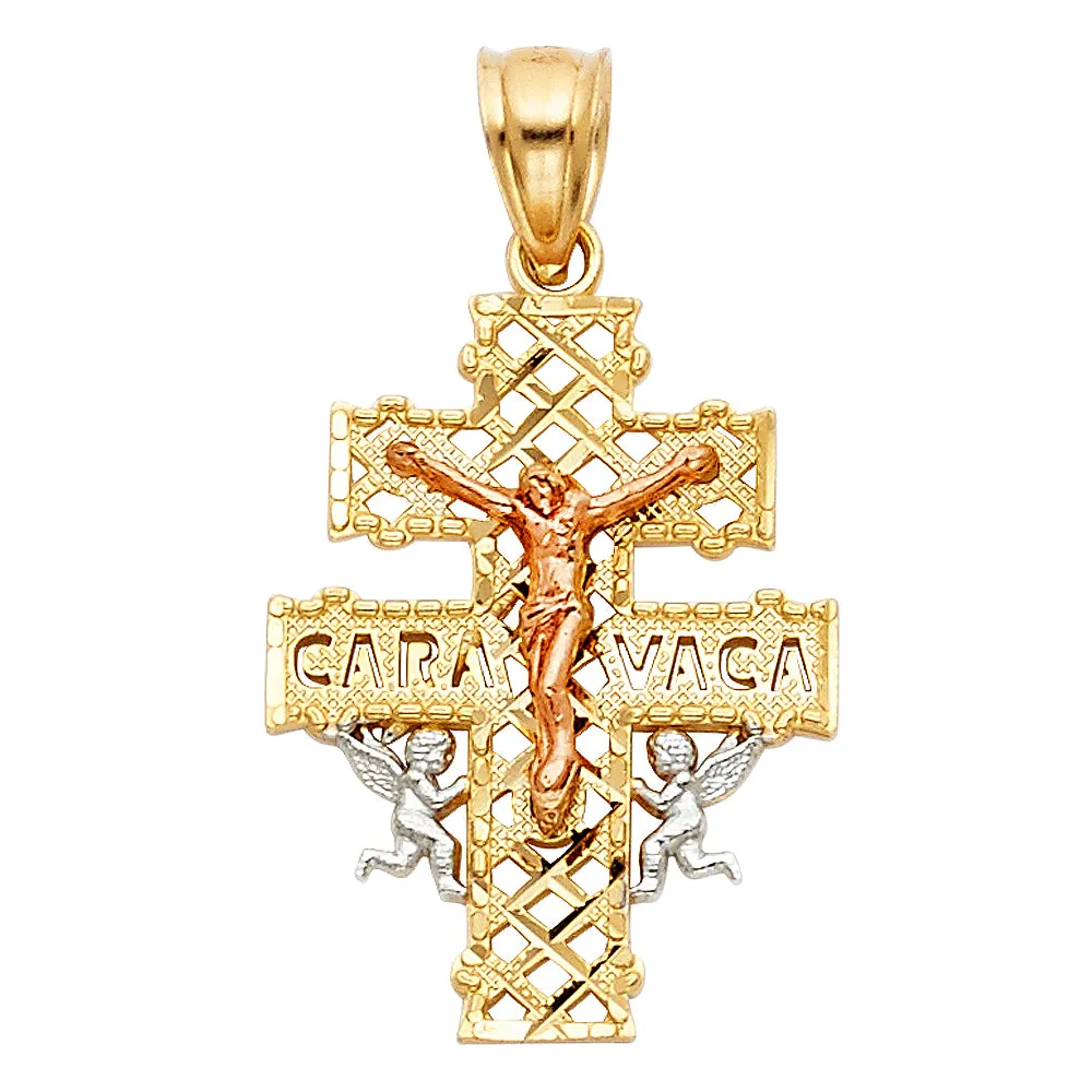 14K Gold Crucifix Cross of Caravaca Pendant with 2mm Figaro 3 1 Chain