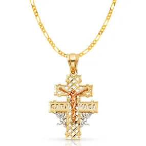 14K Gold Crucifix Cross of Caravaca Pendant with 2mm Figaro 3 1 Chain