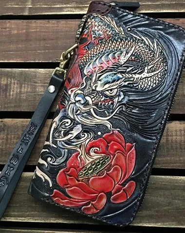 Black Handmade Tooled Chinese Dragon Leather Long Biker Wallet Chain Wallet Clutch Wallet For Men