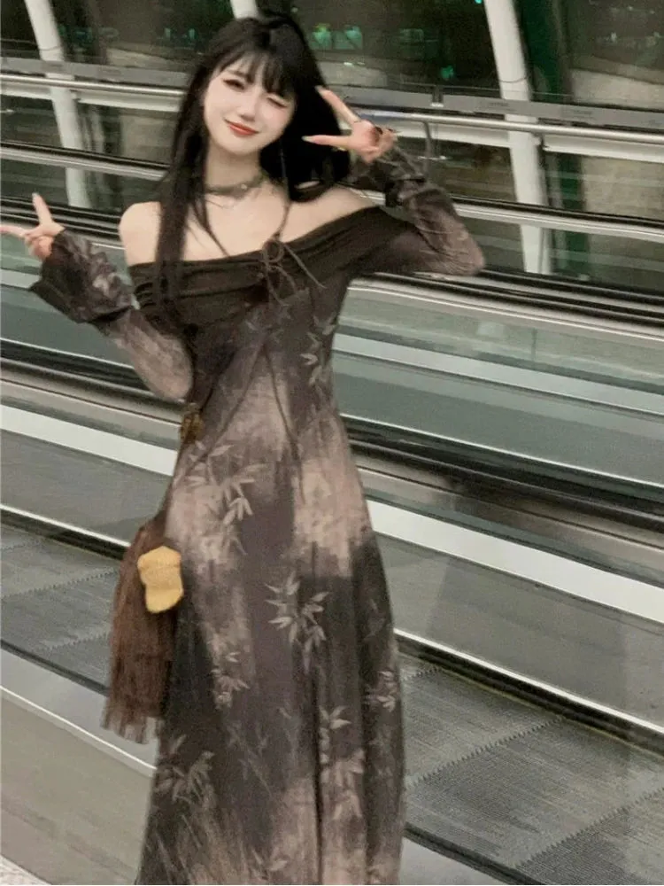 Girlary Elegant Casual Women Vintage Letter Dresses Slash Neck Long Sleeve Grunge Dress Fashion Off Shoulder Sweet Y2k Vestido De Mujer