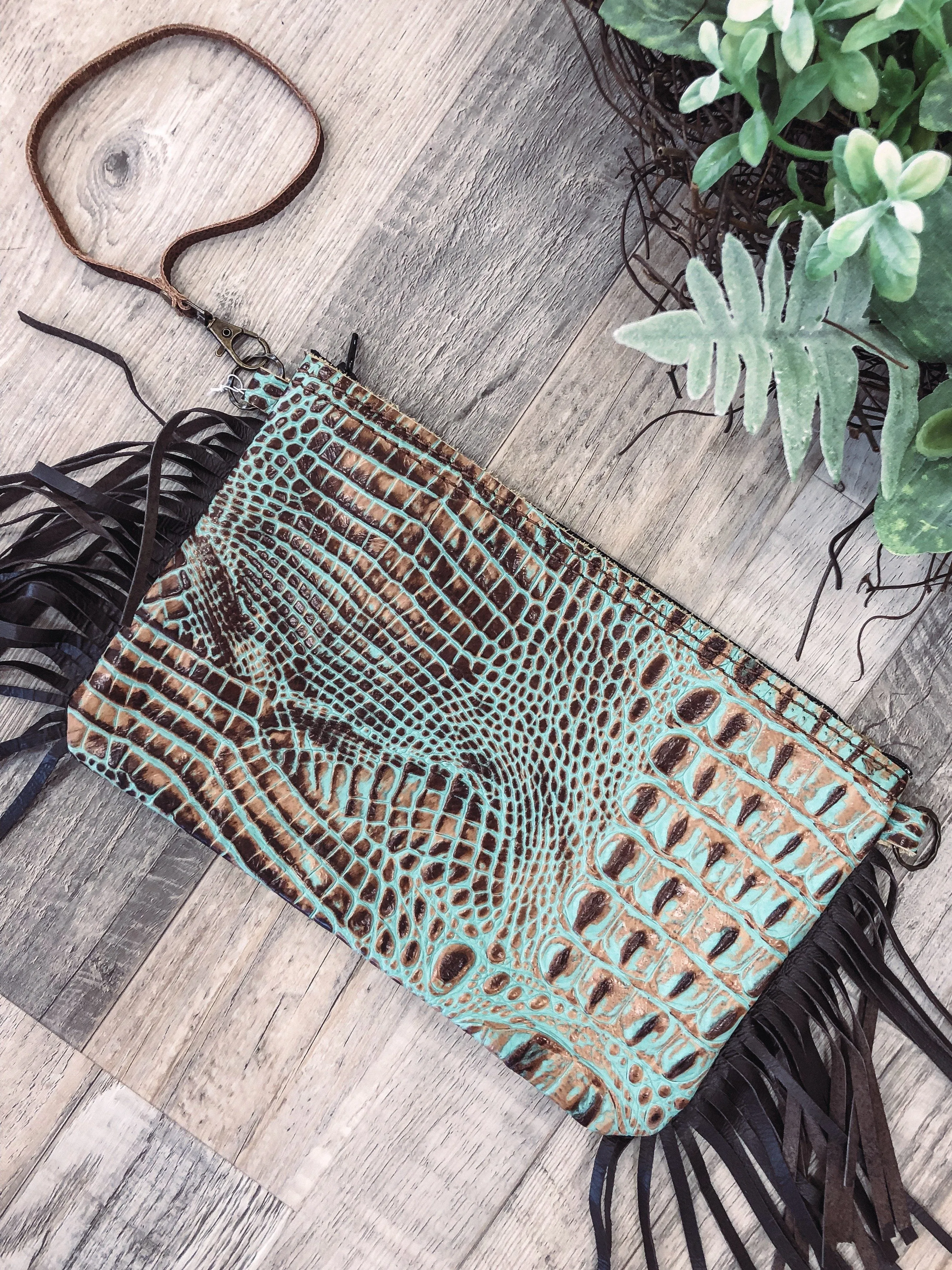 Guide Me Leather Fringe Gator Clutch in Brown Turquoise