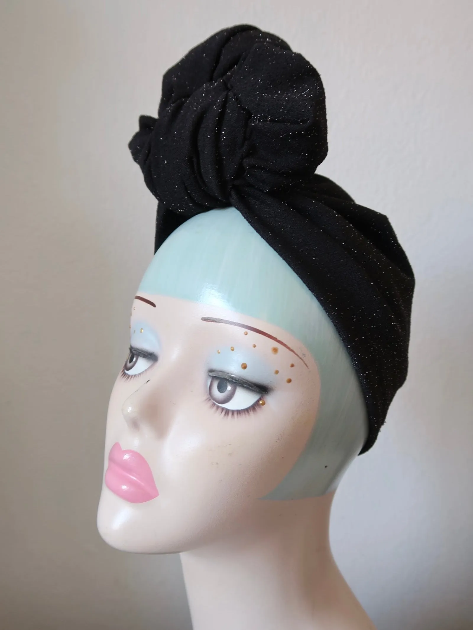 SLOUCHY KNOT Black Sparkle (Full Coverage) 1940s Style Pre-tied Turban🎃