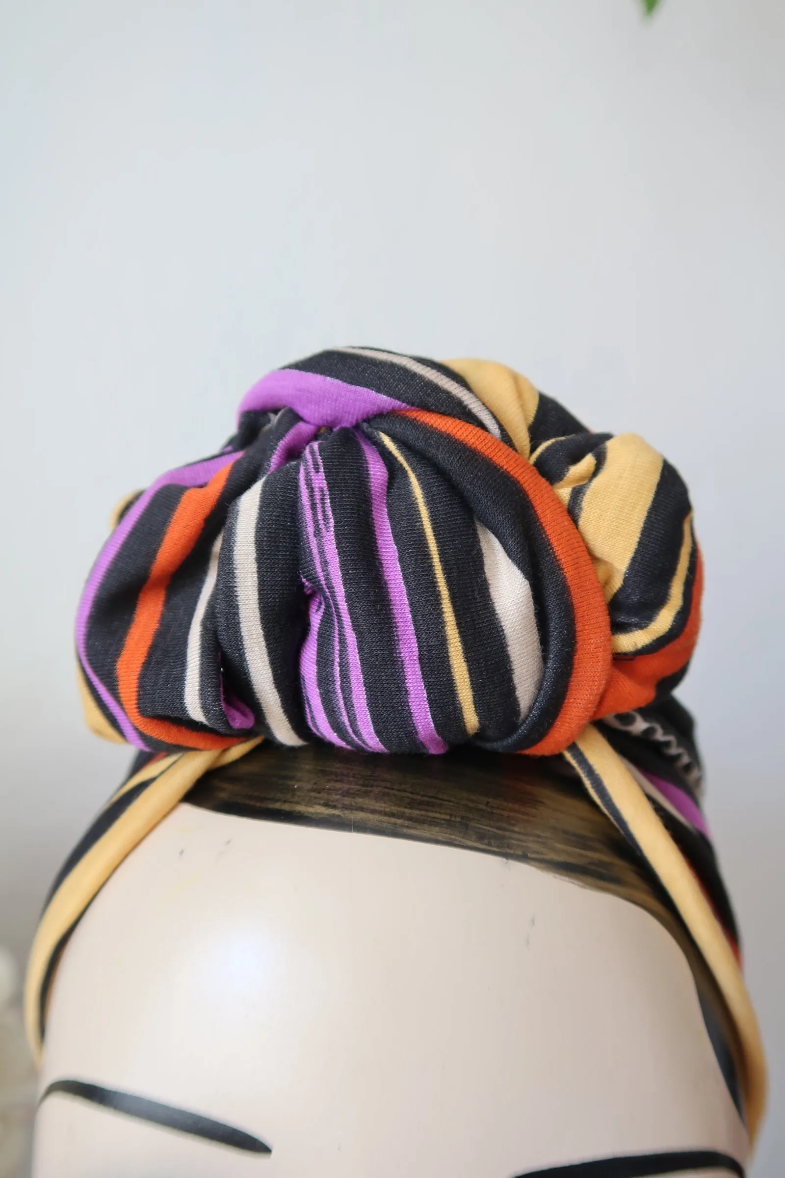 SMALL KNOT Bright Stripes (Full Coverage) 1940s Style Pre-tied Turban