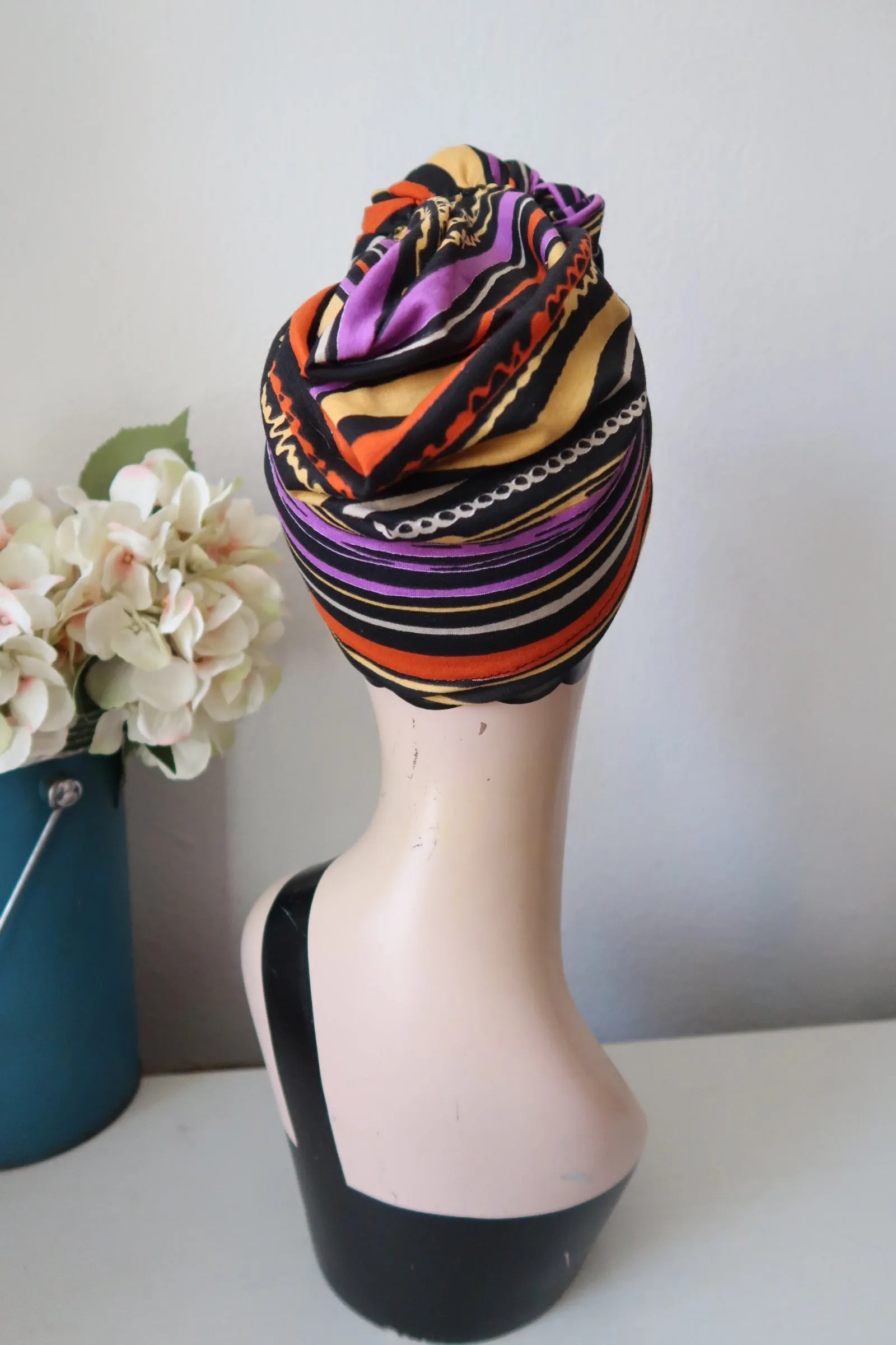 SMALL KNOT Bright Stripes (Full Coverage) 1940s Style Pre-tied Turban